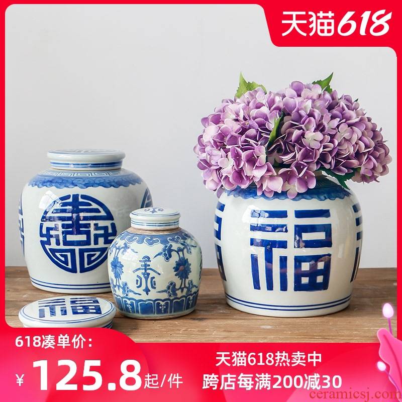 Chinese style restoring ancient ways is blue and white live long and proper storage tank of pottery and porcelain antique do old porcelain tea room porch rich ancient frame furnishing articles