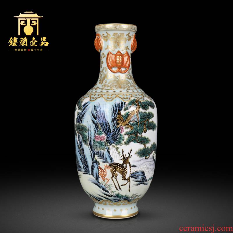 Jingdezhen ceramics powder enamel paint pine deer ears flower vase Chinese style living room home decoration collection furnishing articles
