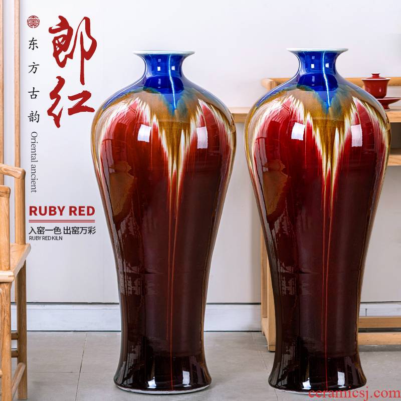 Jingdezhen ceramic big vase furnishing articles large landing Chinese style restoring ancient ways ruby red glaze cracks sitting room hotel decoration