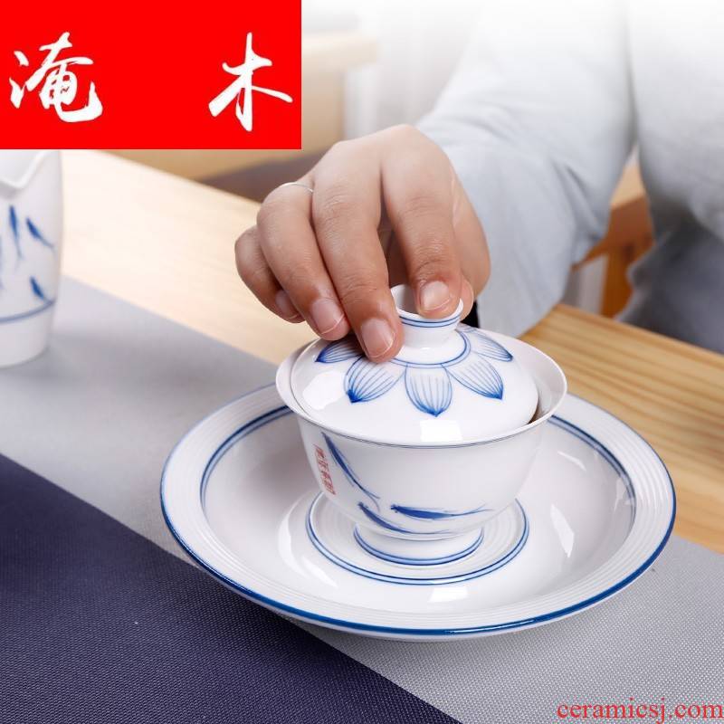 Flooded wooden thin foetus dehua white porcelain hand grasp tureen hand three blue and white porcelain cup to make tea household kung fu tea set