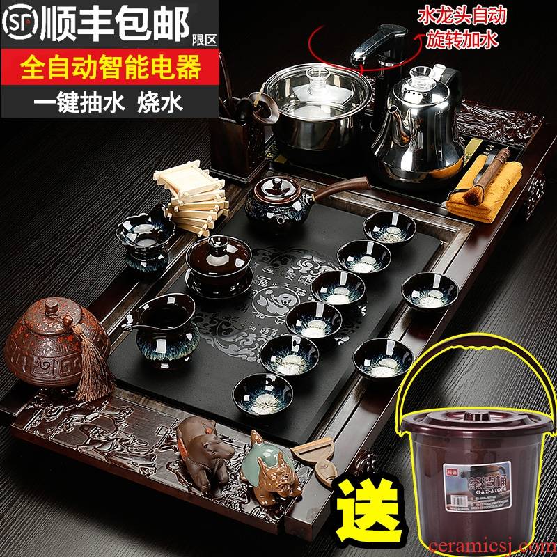 Qiao mu kung fu tea set domestic tea taking of a complete set of ceramic cups contracted tea tea table solid wood tea tray