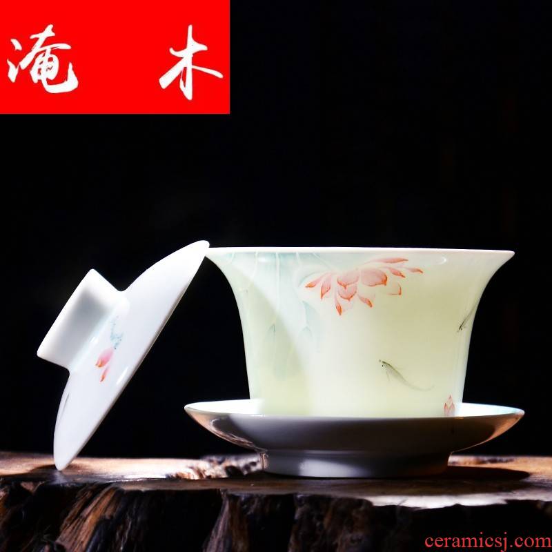 Submerged wood jingdezhen hand - made pastel shade green ceramic tureen tea kung fu tea set three cups to use