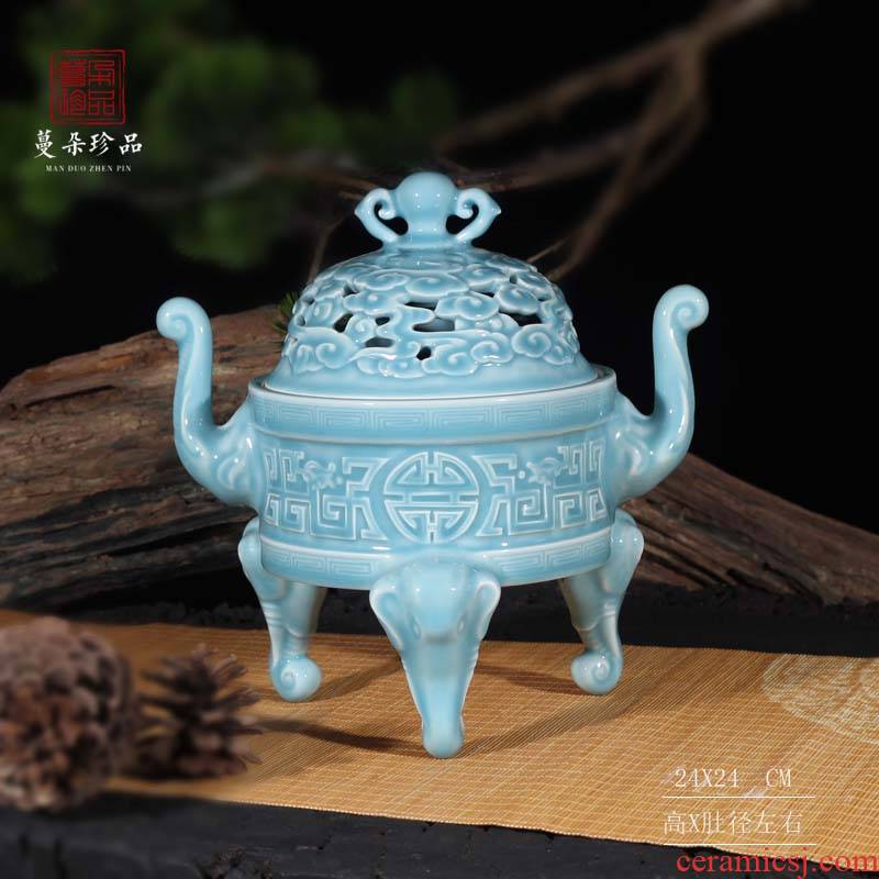 Jingdezhen delicate celadon sky blue porcelain censer triangle elephant nose porcelain present high furnace by hand