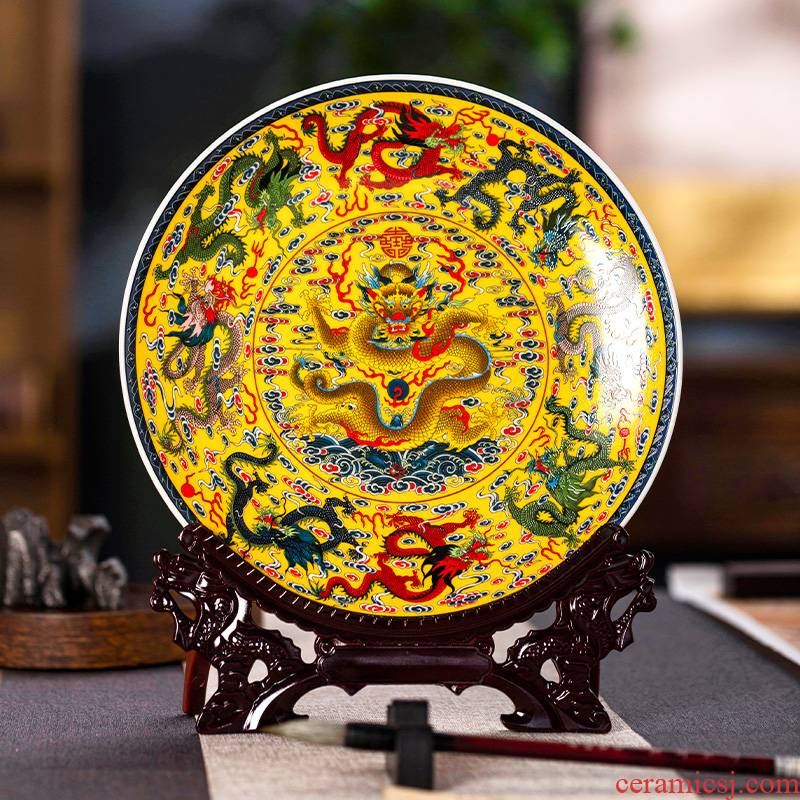 Jingdezhen ceramic longfeng home desktop rich ancient frame of Chinese style porch decoration plate wine sitting room adornment furnishing articles