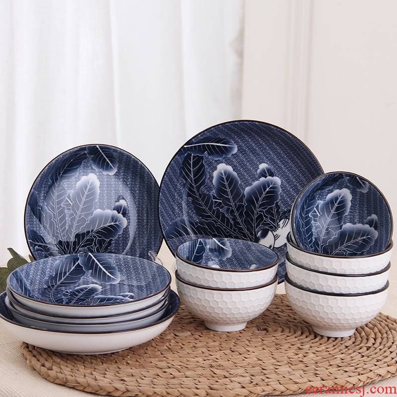 12 piece under the blue and white glaze color ceramic tableware suit household round ceramic rice bowl chopsticks dishes dishes suit