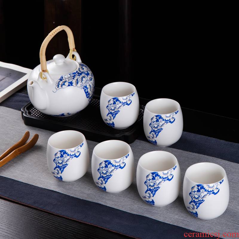 Jingdezhen blue and white porcelain kung fu tea set a pot of six cups of domestic large pot teapot teacup girder