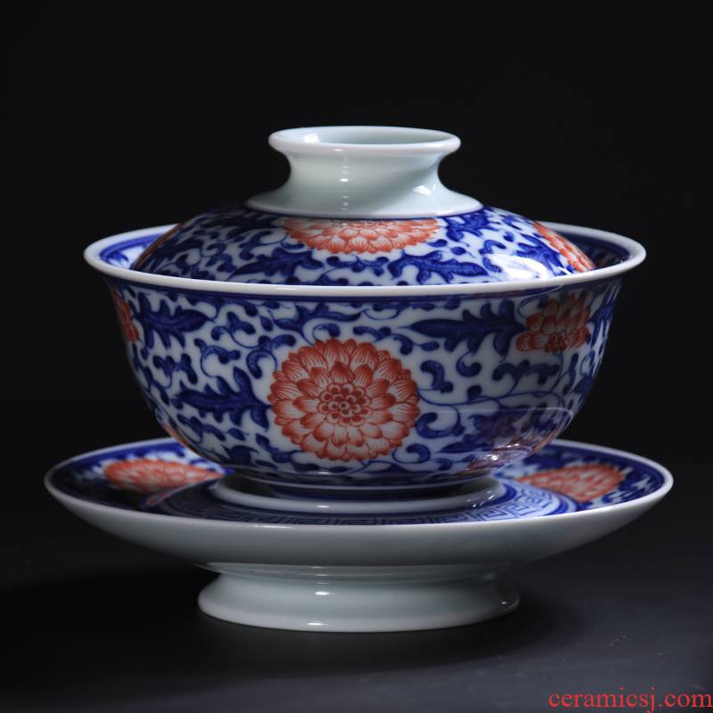 Blue and white youligong hand - made of hand - made bound lotus flower grain three tureen jingdezhen checking ceramic tea set tea bowl
