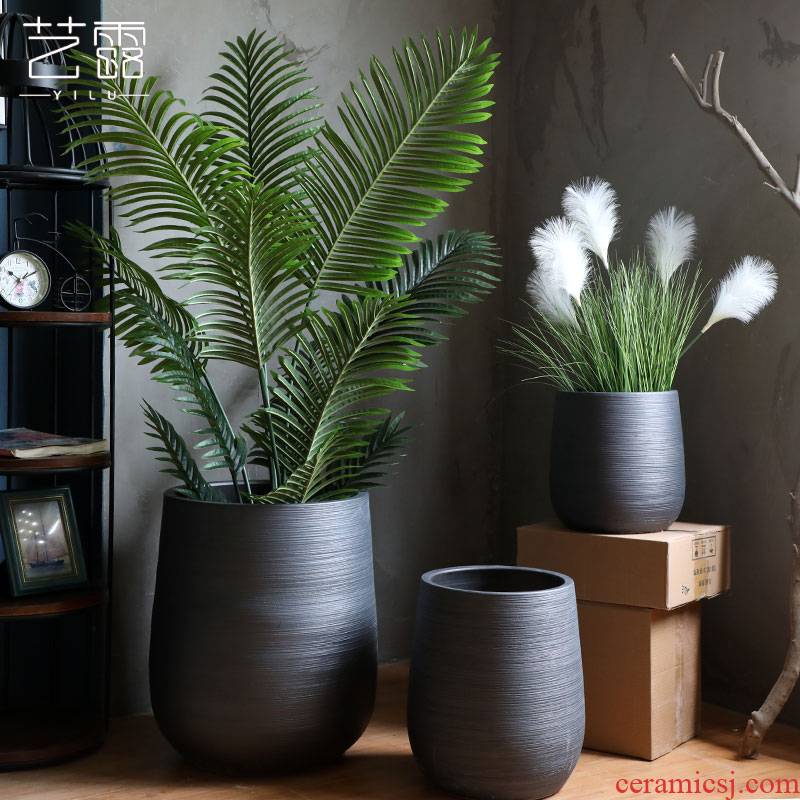 Green plant Nordic flowerpot I and contracted black ceramic vase hydroponic pottery basin of large diameter indoor plant decoration