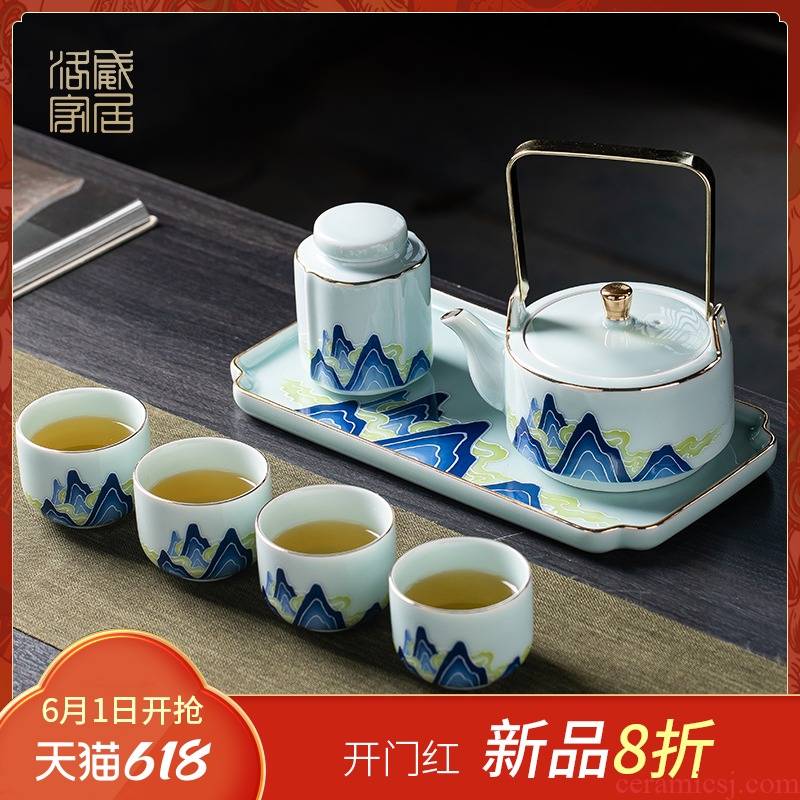 2021 new mountains ceramic teapot suit household contracted teapot tea the trumpet of a complete set of tea tea tray