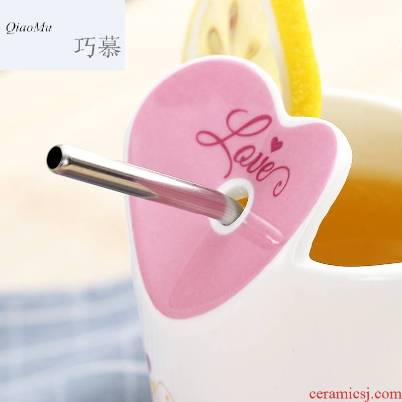 Qiao mu WLS water glass ceramic coffee cup, lovely move creative trend straw keller with cover