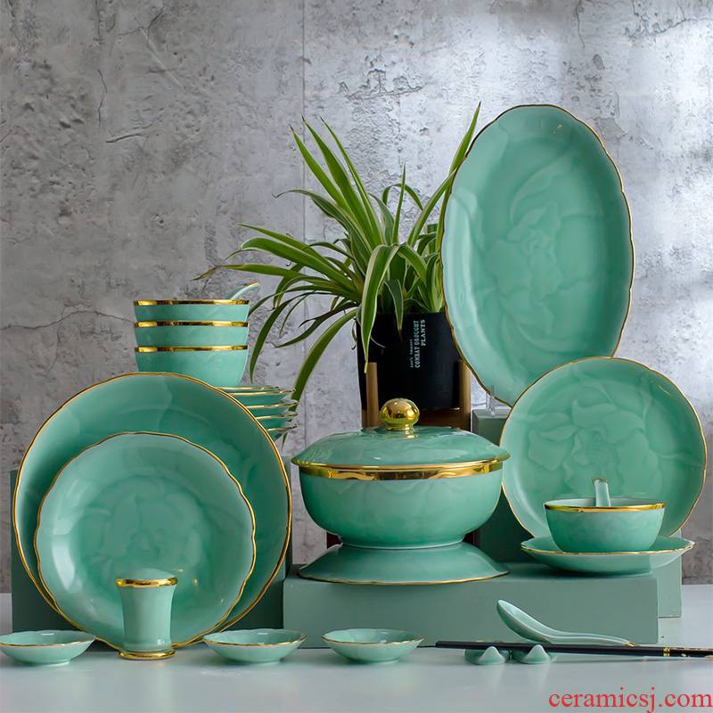 Hand - made celadon dishes Chinese style up phnom penh high - grade celadon dishes of jingdezhen ceramics tableware suit