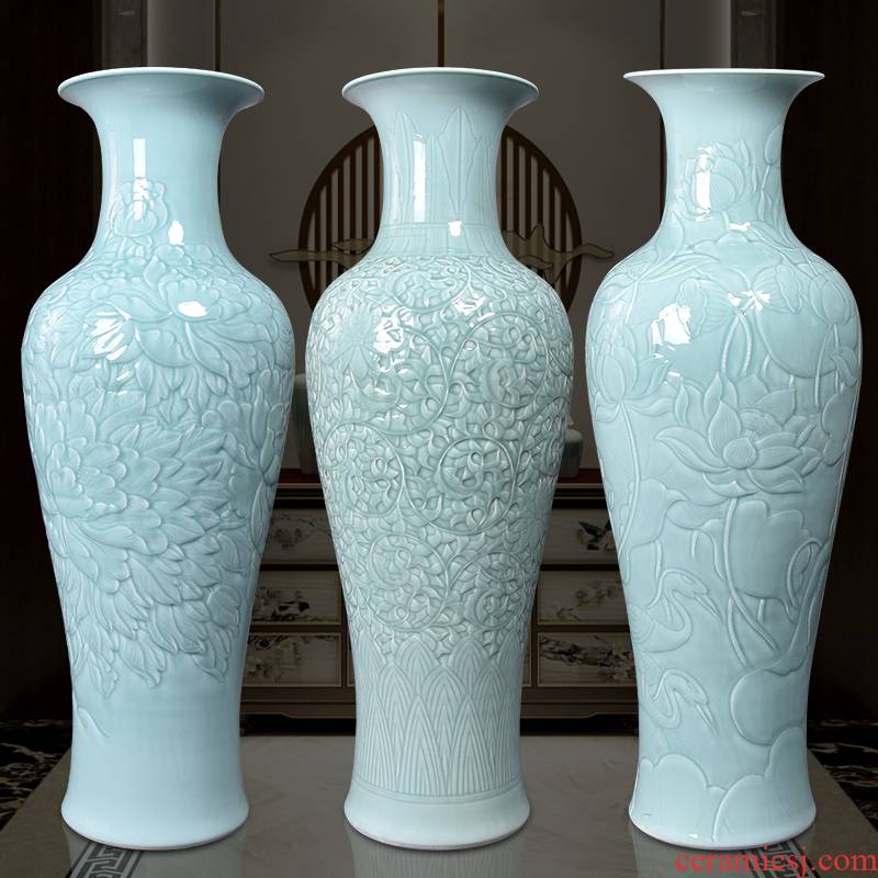 Jingdezhen ceramics big vase sitting room ground peony large gifts furnishing articles furnishing articles shadow carving celadon lotus