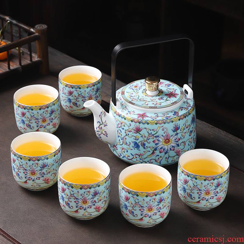 Jingdezhen ceramic tea set a pot of six cups of Chinese style household enamel girder pot cup teapot sitting room