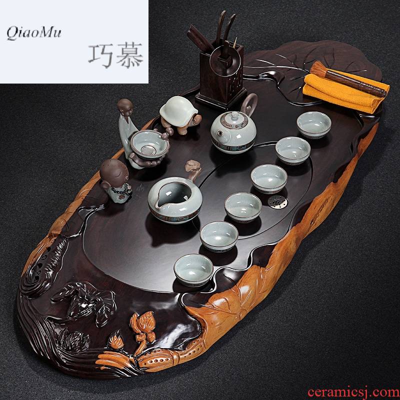 Qiao mu block diagonally ebony wood tea tray is a complete set of violet arenaceous kung fu tea set household contracted tea table elder brother up