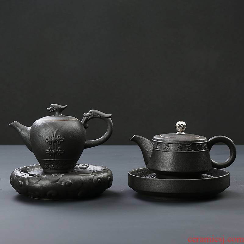 Qiao MuChan wind black pottery teapot with pot bearing kung fu tea set manual coarse clay POTS filter ceramic home office