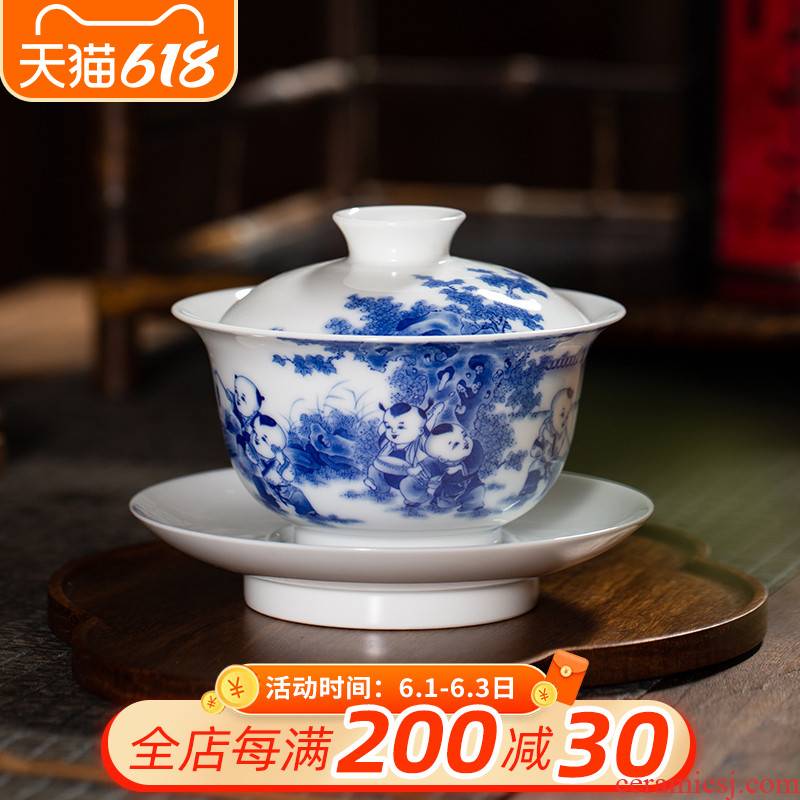 The Owl ring up with jingdezhen blue and white jade mud hand - made tea set the lad spring tea tureen bowl from the three cups