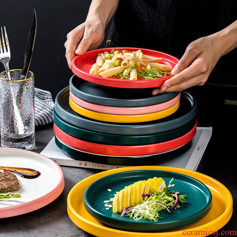 Web celebrity dish dish dish creative Nordic ceramic tableware circular tray is household steak dinner plate cutlery set