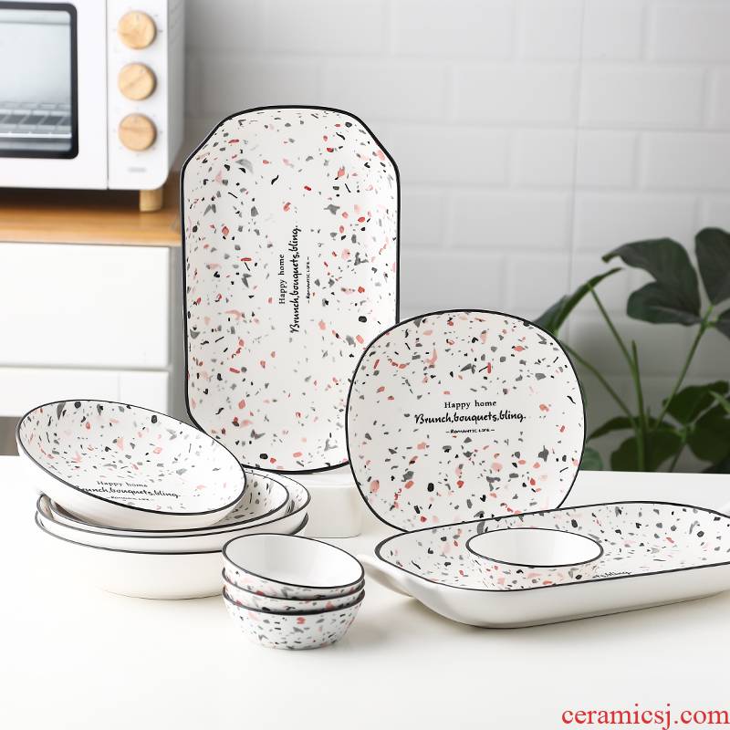 Tableware with dish dish dish rectangular plate family fish dish pan ceramic plates set combination