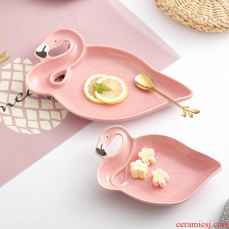 INS pink flamingo ceramic plate small bowl breakfast tray was dessert plate of fruit dish food pictures