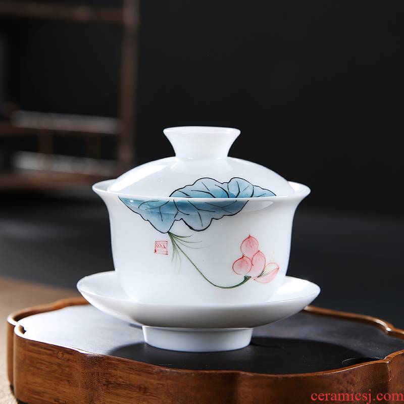 Flooded wood hand - made white porcelain tureen household small tea cups ceramic Japanese kung fu tea set three of the bowl to bowl