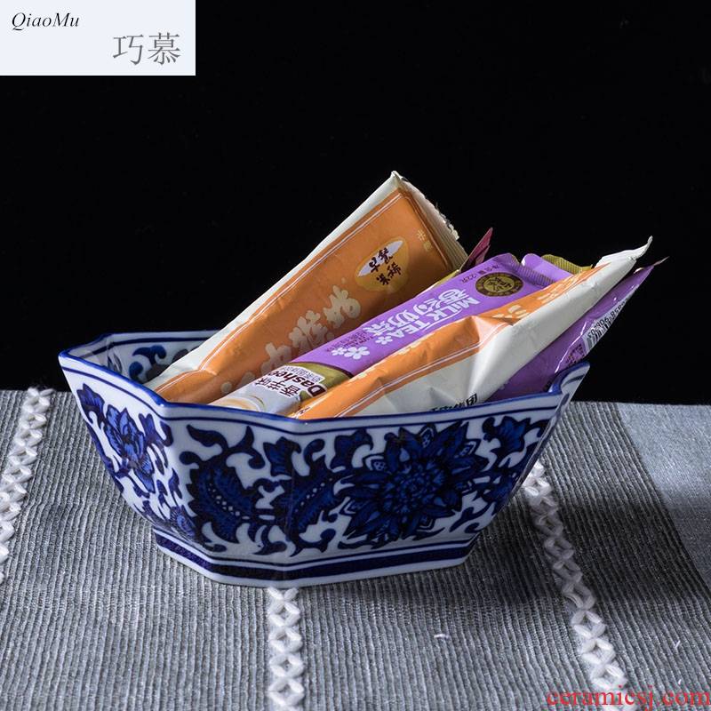 Qiao mu fruit bowl Chinese blue and white porcelain of jingdezhen ceramics compote snack plate of creative household adornment furnishing articles tea table