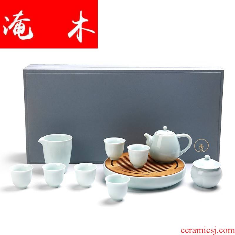 Flooded the elder brother of the wood up with ceramic tea set gift box set of 11 head lift the lid bowl of tea logo gifts
