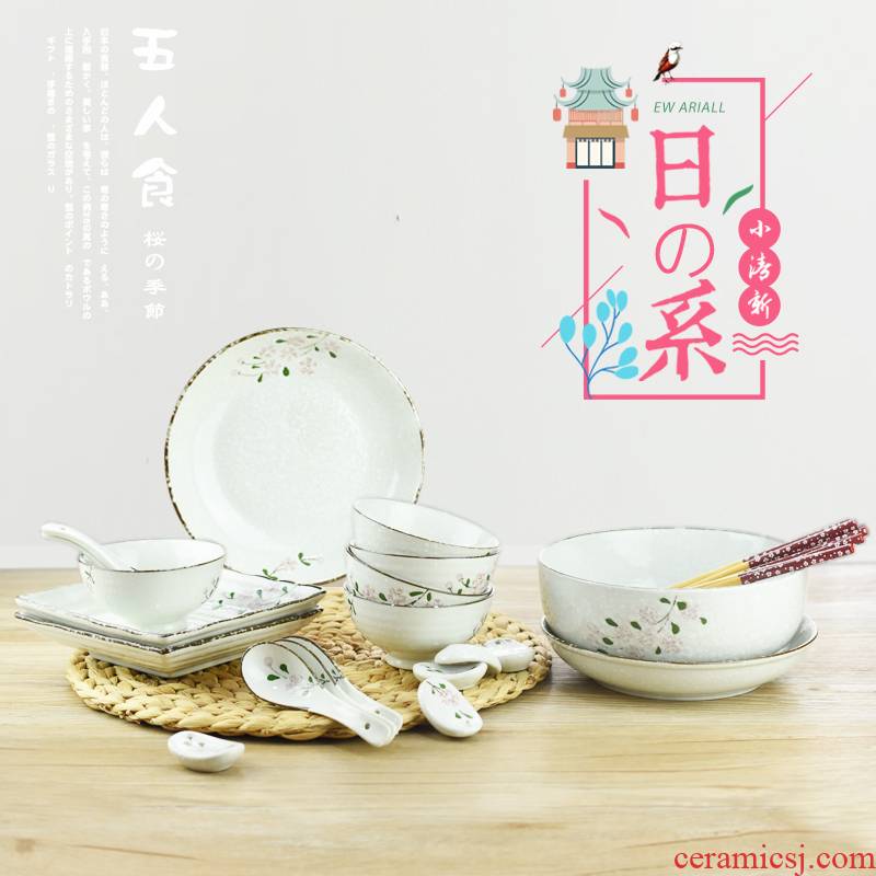 Japanese cherry blossom put five people eat 25 head suit to use dishes chopsticks rice bowls bowl dish dish household ceramics tableware suit