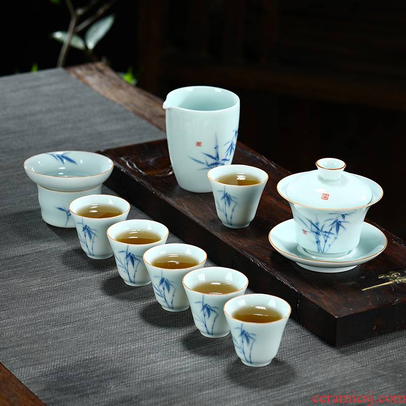 Hand - made kung fu tea set suit household gifts contracted teapot teacup tureen sample tea cup of a complete set of ceramic tea set