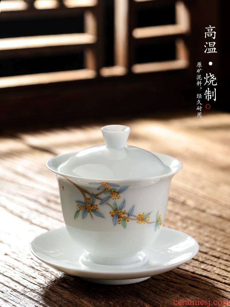 Pure manual white porcelain only three tureen tea bowl large cups kung fu tea set jingdezhen hand - made tea, not hot