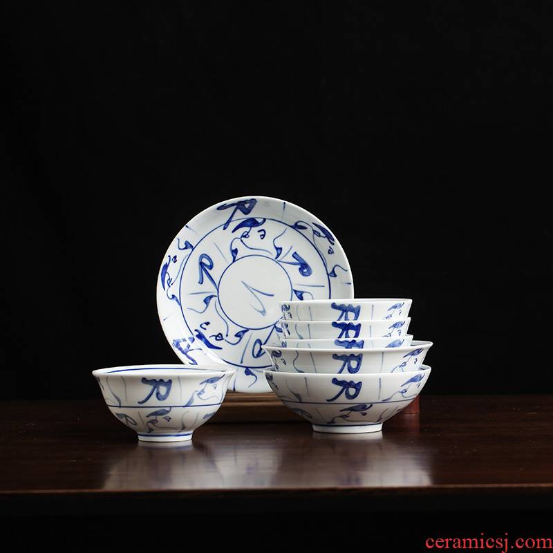 Jingdezhen hand - made Jingdezhen blue and white porcelain bowl knife old camellia bowl of household of Chinese style high temperature ceramic bowl dish dish