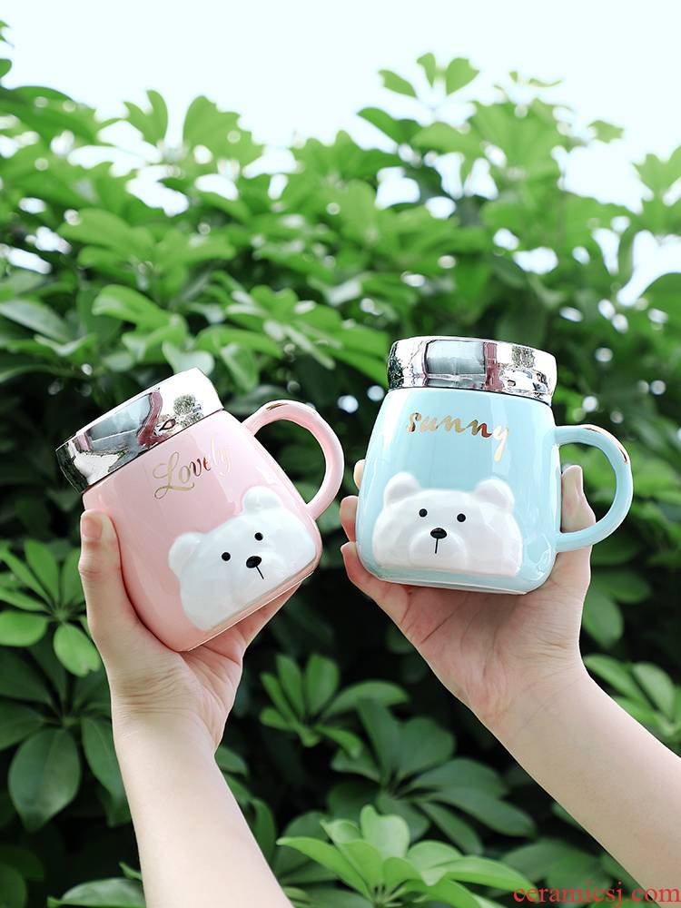 Mirror ceramic mugs and lovely young girl household glass large capacity with cover spoon, milk coffee lovers cup in the summer