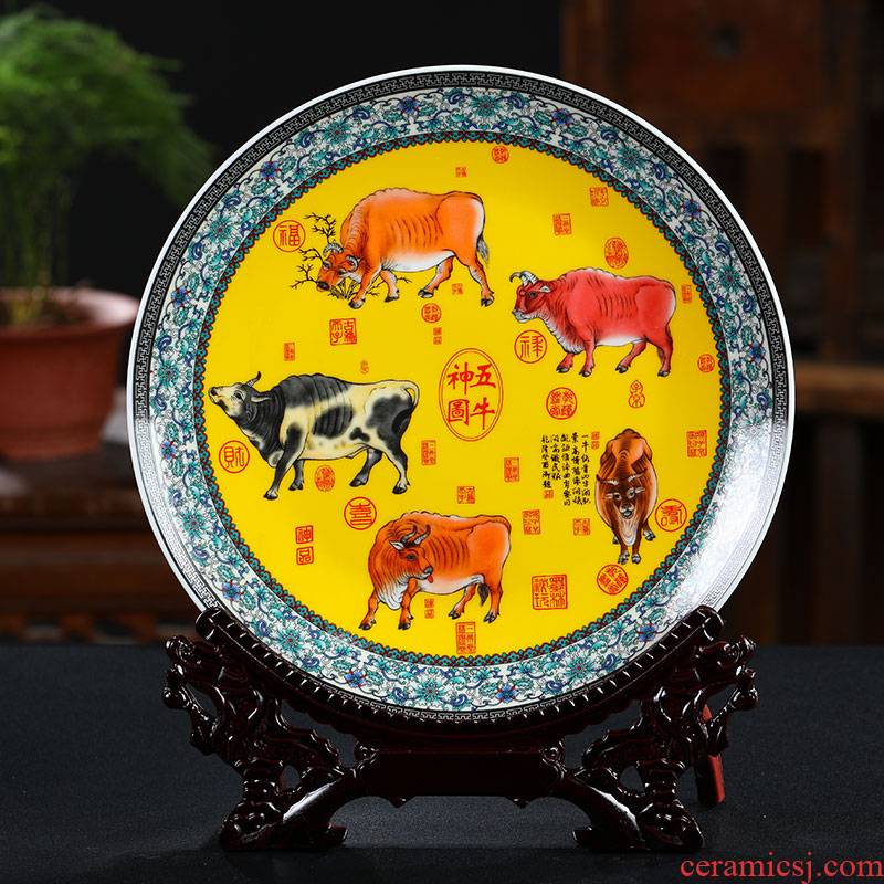 Five NiuTu jingdezhen ceramics decoration plate plate sat dish home rich ancient frame porch handicraft furnishing articles