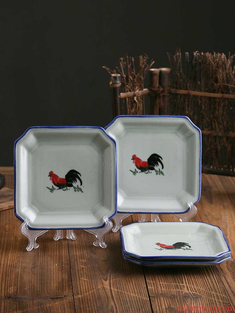 Household 0 dishes suit the nostalgic ceramic rooster retro move of blue and white porcelain square plate deep dish restaurants