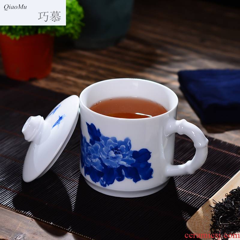 Qiao mu jingdezhen ceramic cups with cover household under glaze blue and white office gift custom hand - made color tea cup