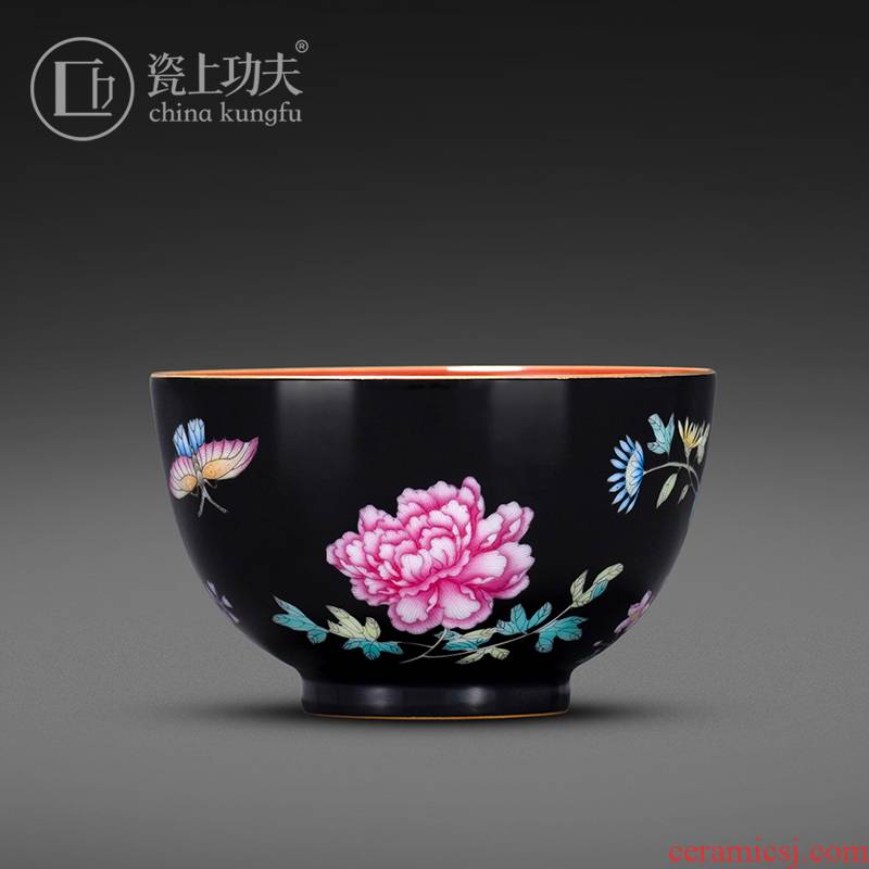 Hand - made colored enamel porcelain on kung fu master black peony sample tea cup cup of jingdezhen ceramic kung fu tea cup