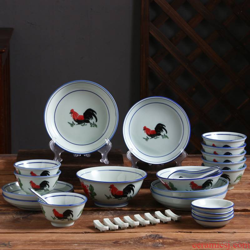 36 head of household of Chinese style ceramic old - fashioned nostalgic restoring ancient ways is blue and white suit CiGongJi bowl bowl dish plate spoon, plate