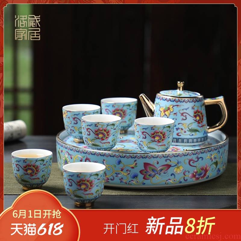 Colored enamel tea set home sitting room of high - grade ceramic tea tray was kung fu tea sets tea teapot teacup