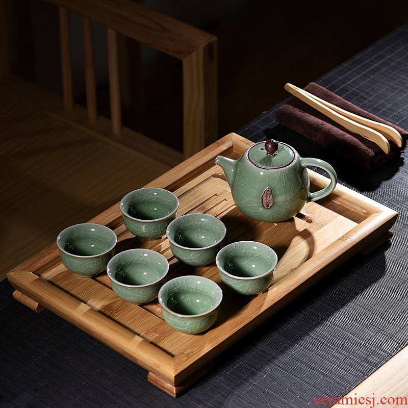 Hui shi purple ceramic kung fu tea set suit household contracted small office solid wood tea tray cups single layer type tea table