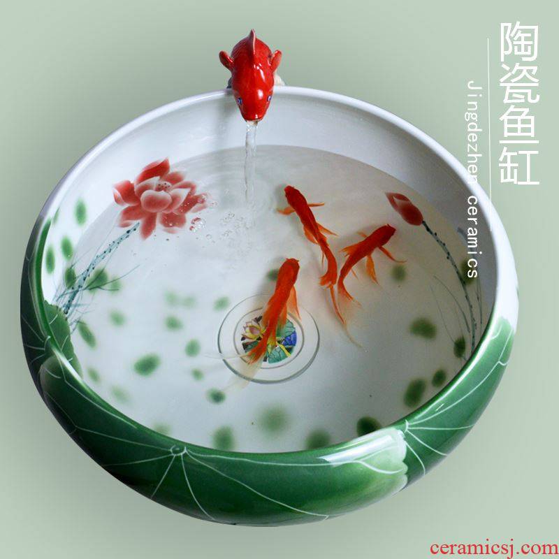 Jingdezhen ceramic aquarium fish bowl sitting room large heavy bottom water filter lotus goldfish bowl round tortoise