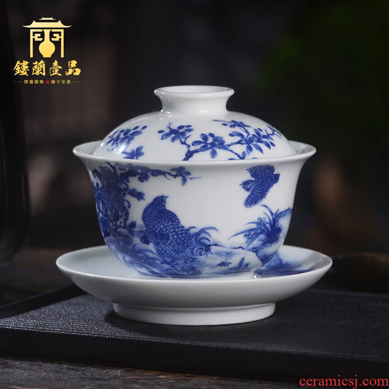 Arborist benevolence blue live only three tureen jingdezhen ceramic hand - made kung fu tea bowl with cover a single