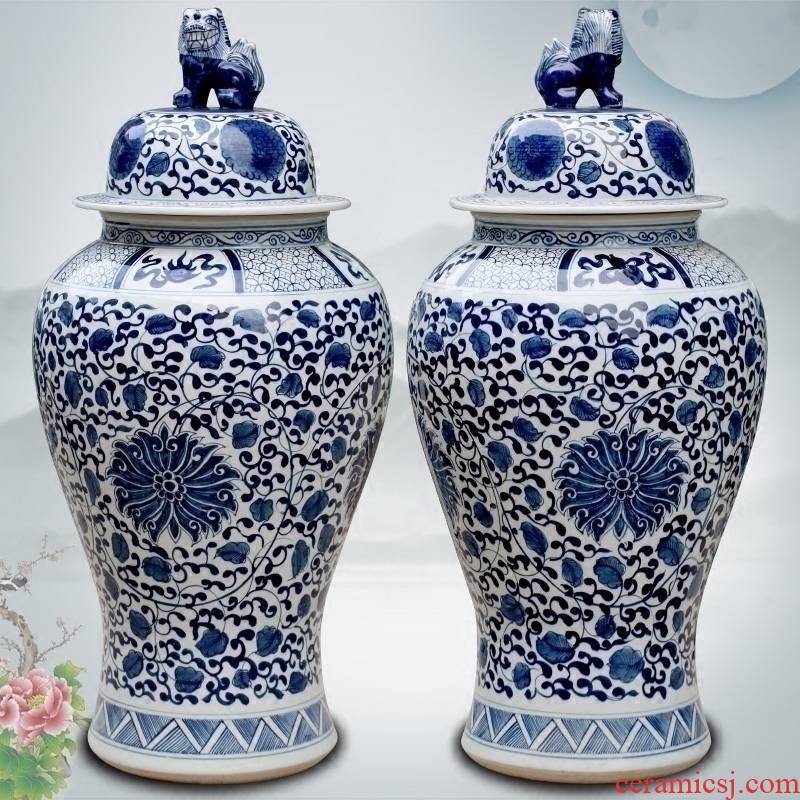 Blue and white porcelain of jingdezhen ceramics hand - made bound lotus flower of large vase household archaize sitting room place the general tank
