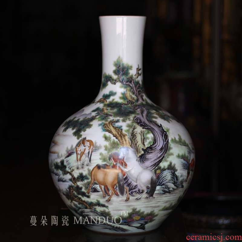Jingdezhen guanyao steed qianlong painting pastel steeds celestial vase painting figure vase