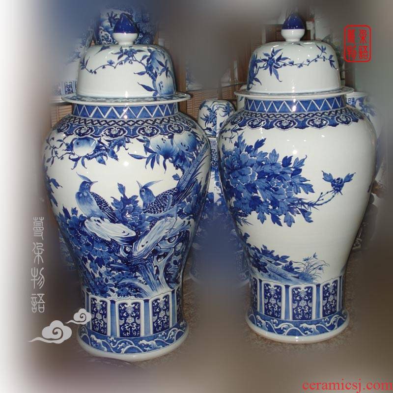 Jingdezhen blue and white peony hand - made of golden pheasant xiantao blue and white porcelain vase 110 high general hand - made tank