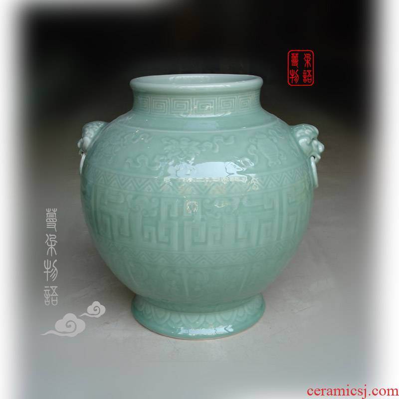 Jingdezhen high - end antique vase 30 double lion handle high about celadon about 40 high pure color cylinder quiver monochrome