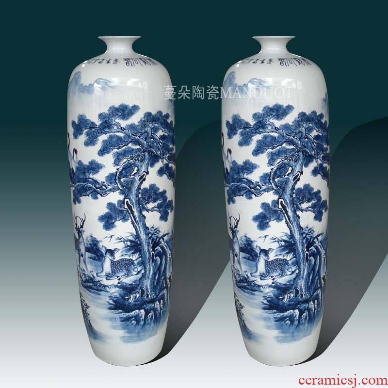 Jingdezhen hand - made crane pine deer blue and white porcelain vase, 100-110 high hand - made picture display large vase