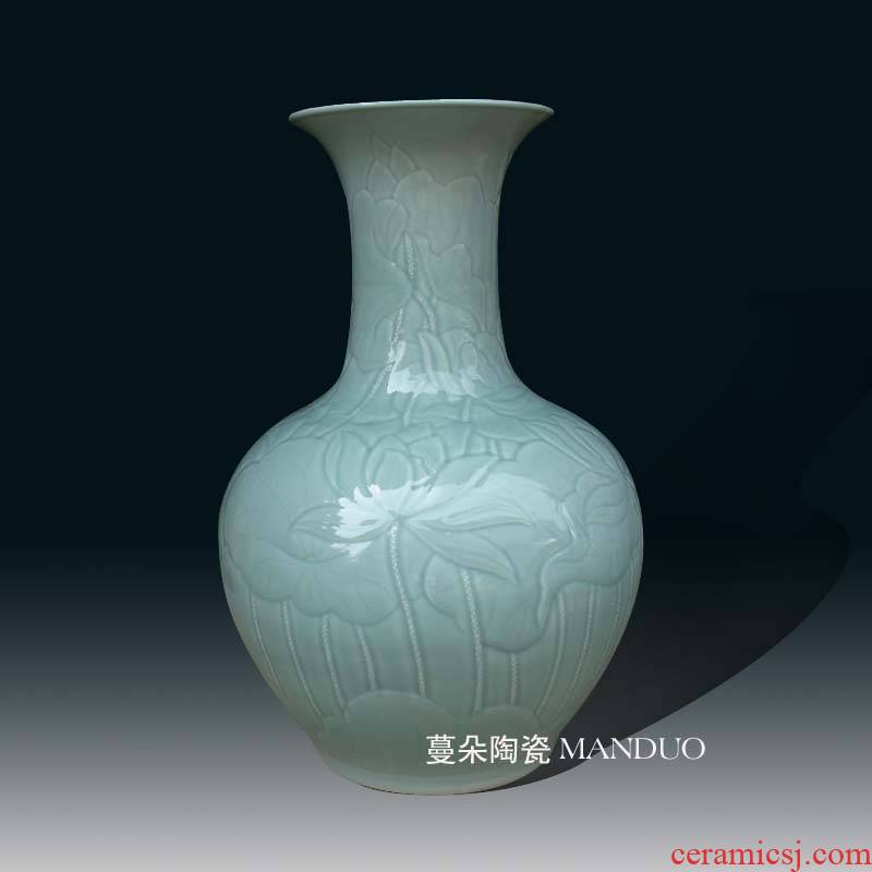 Jingdezhen shadow blue its big porcelain vase 68 cm high hand - carved lotus vase elegant vase
