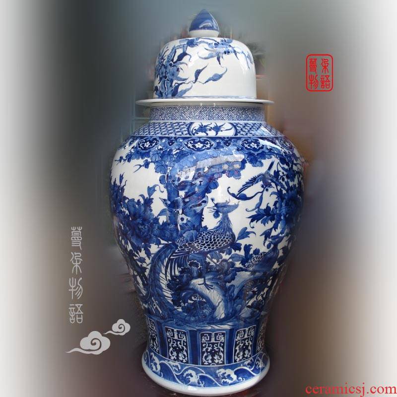Jingdezhen blue and white peony flower adornment hand - made porcelain, 90-100 cm high general blue peacock general pot