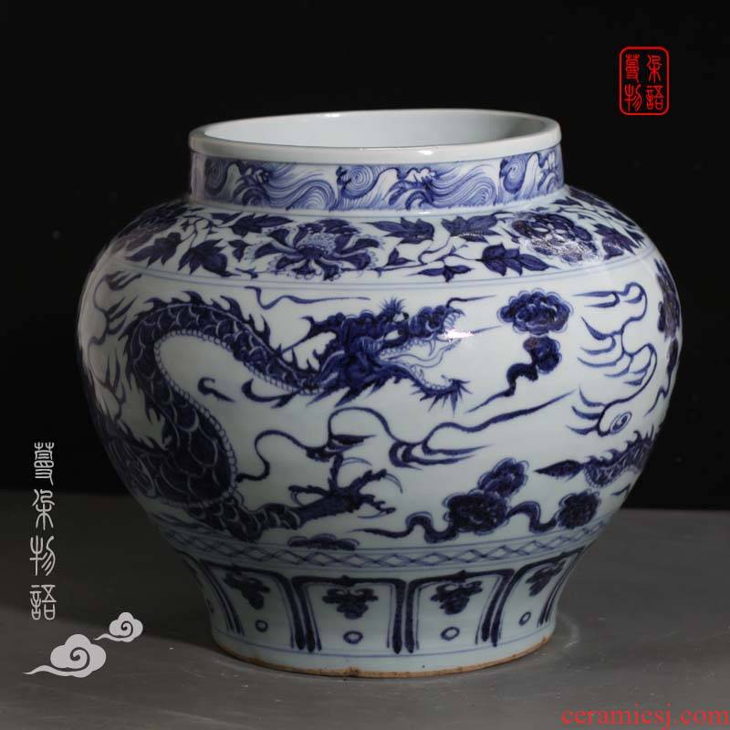 Yuan blue and white dragon large pot of jingdezhen porcelain hand - made Yuan blue and the white unicorn big classic Yuan blue and white porcelain pot