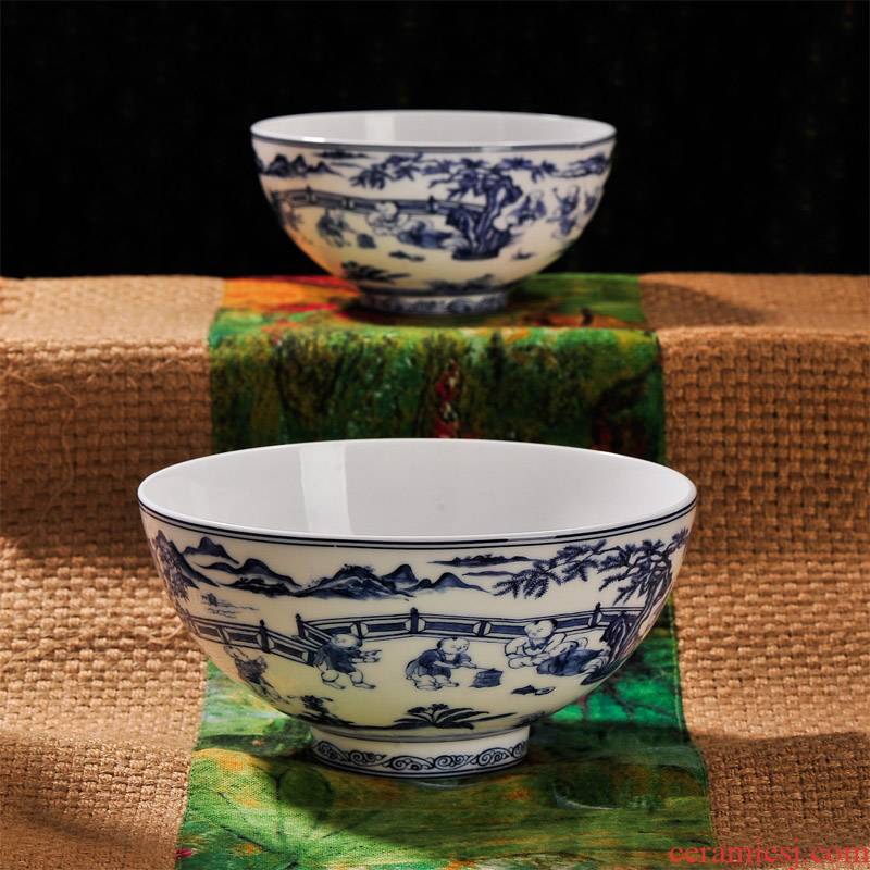 Jingdezhen blue and white porcelain baby play figure checking ceramic bowl rainbow such use tableware suite instant noodles bowl of the big job