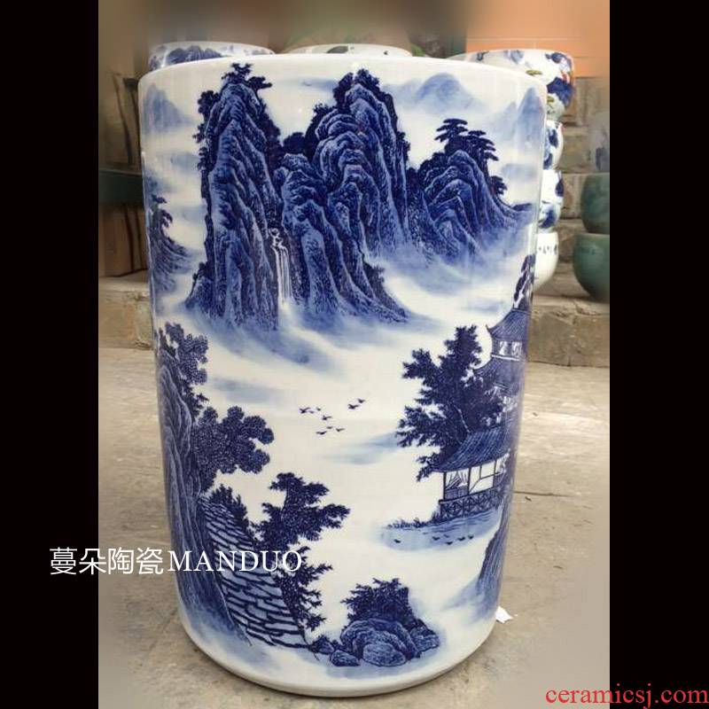 Jingdezhen blue and white landscape landscape umbrella barrel quiver big brush pot collection value - added vase sitting room adornment